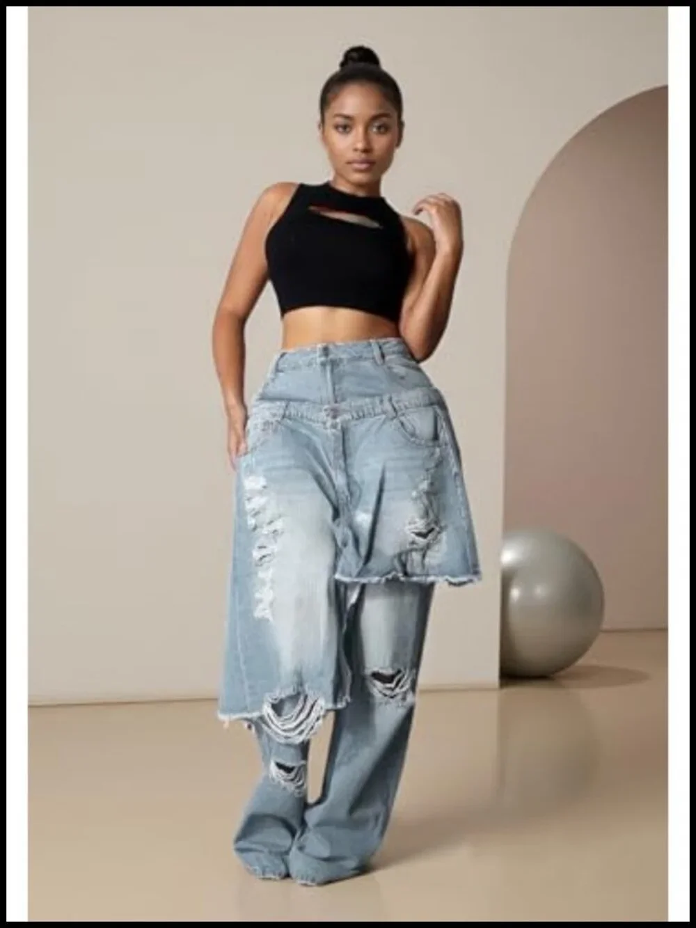 Ripped Patchwork Jeans Straight Wide Leg Asymmetrical Double Waist Baggy Y2k